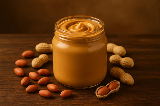 Mantequilla de maní KRAMÉ frasco abierto sobre mesa rústica, rodeado de maníes y fondo cálido, ideal para una dieta saludable en Chile.